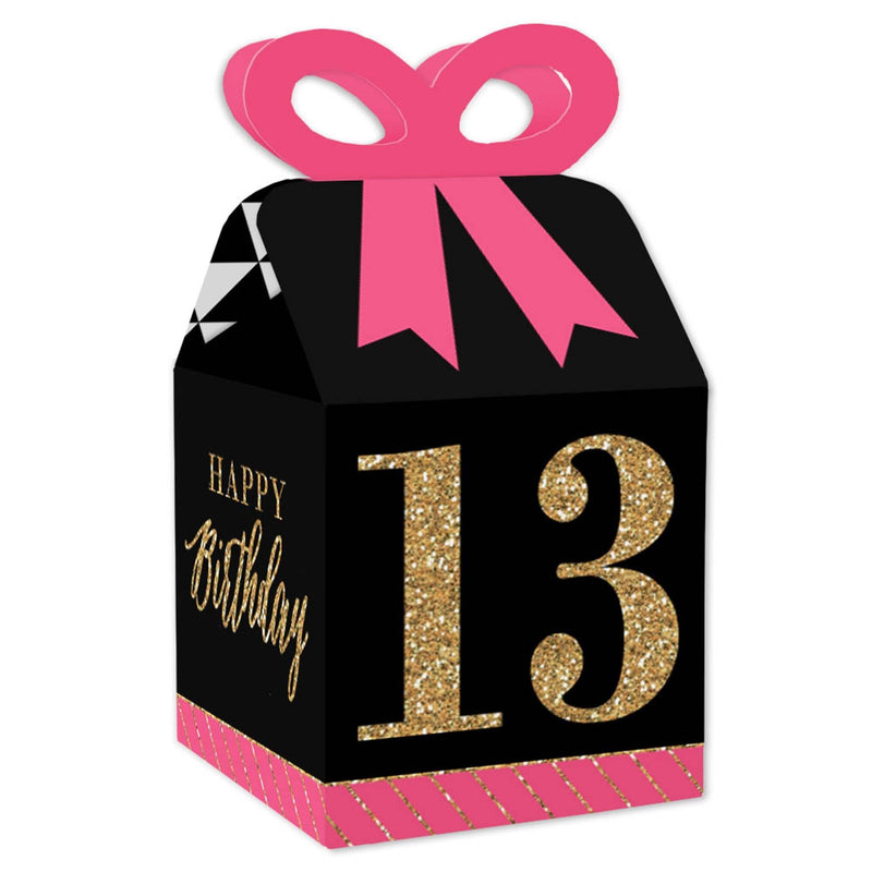 Chic 13th Birthday - Pink, Black and Gold - Square Favor Gift Boxes - Birthday Party Bow Boxes - Set of 12