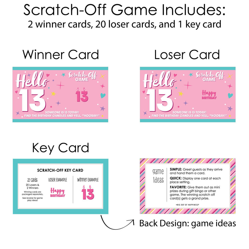 Girl 13th Birthday - Official Teenager Birthday Party Game Scratch Off Cards - 22 Count