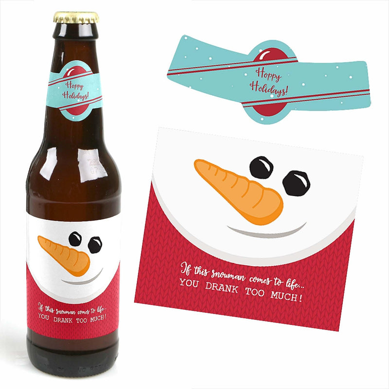 Let It Snow - Snowman - Decorations for Women and Men - 6 Holiday & Christmas Party Beer Bottle Label Stickers and 1 Carrier