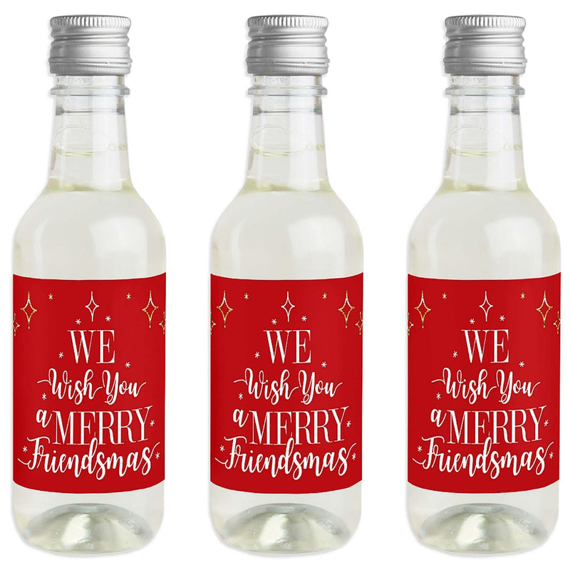 Red and Gold Friendsmas - Mini Wine and Champagne Bottle Label Stickers - Friends Christmas Party Favor Gift - For Women and Men - Set of 16