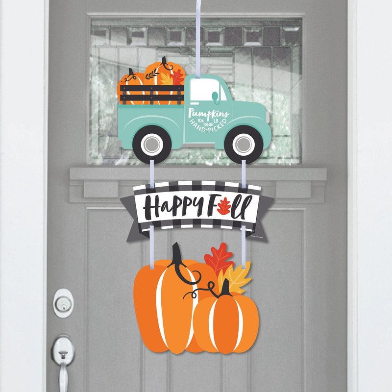 Happy Fall Truck - Hanging Porch Harvest Pumpkin Party Outdoor Decorations - Front Door Decor - 3 Piece Sign