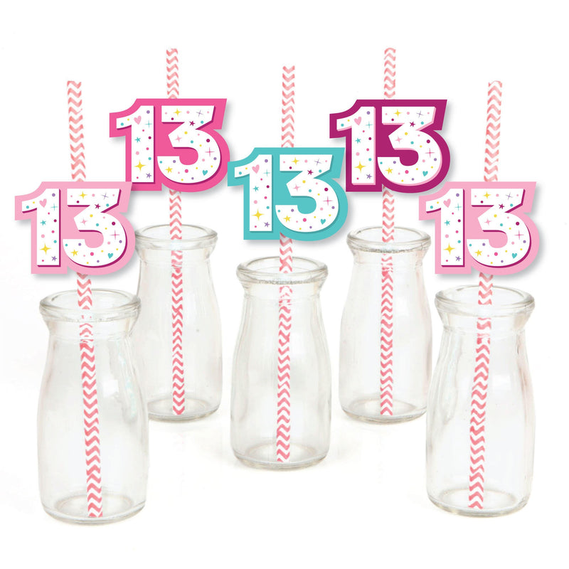 Girl 13th Birthday - Paper Straw Decor - Official Teenager Birthday Party Striped Decorative Straws - Set of 24