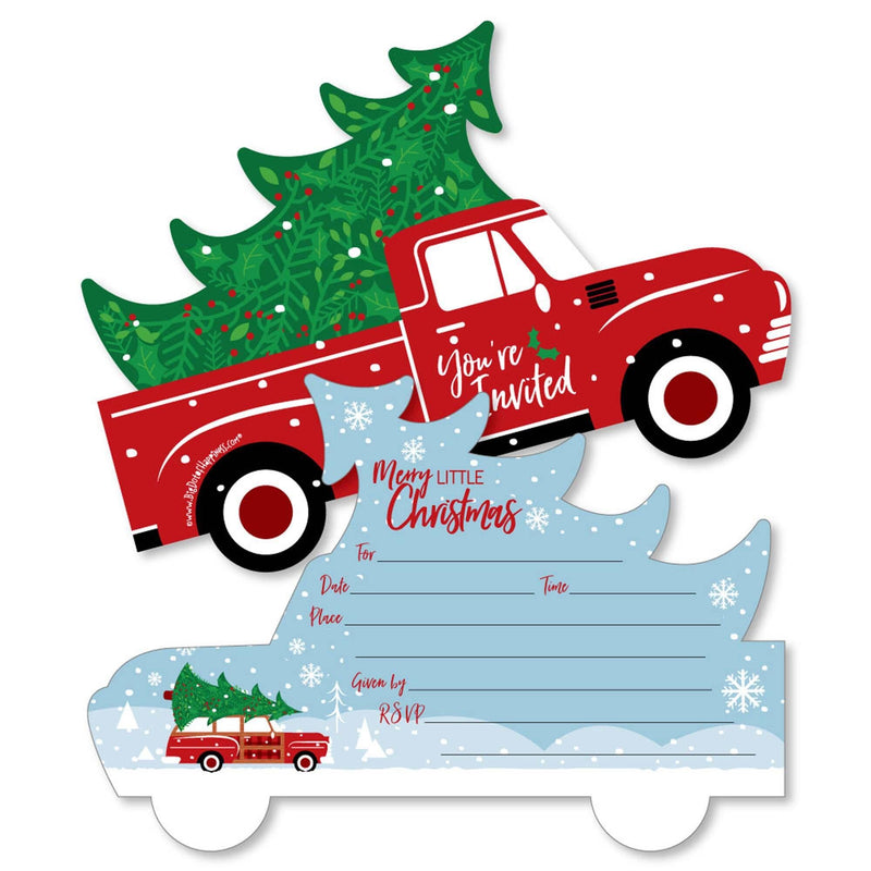 Merry Little Christmas Tree - Shaped Fill-In Invitations - Red Truck and Car Christmas Party Invitation Cards with Envelopes - Set of 12