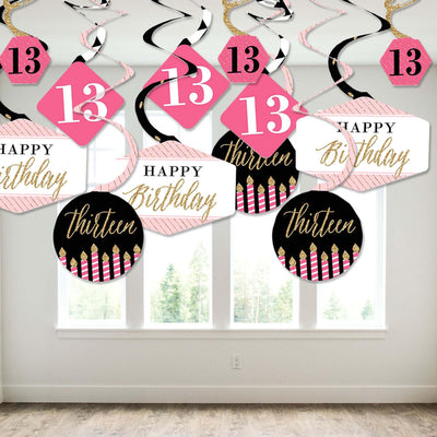 Chic 13th Birthday - Pink, Black and Gold - Birthday Party Hanging Decor - Party Decoration Swirls - Set of 40