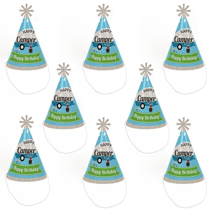 Happy Camper - Cone Camping Happy Birthday Party Hats for Kids and Adults - Set of 8 (Standard Size)