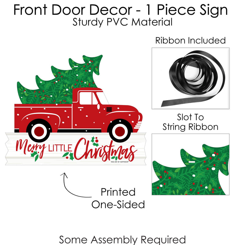 Merry Little Christmas Tree - Hanging Porch Red Truck Christmas Party Outdoor Decorations - Front Door Decor - 1 Piece Sign