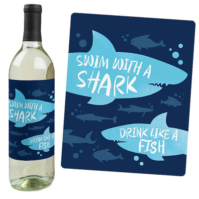 Shark Zone - Jawsome Shark Party Decorations for Women and Men - Wine Bottle Label Stickers - Set of 4