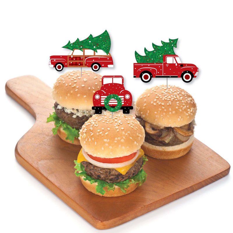 Merry Little Christmas Tree - Dessert Cupcake Toppers - Red Truck and Car Christmas Party Clear Treat Picks - Set of 24