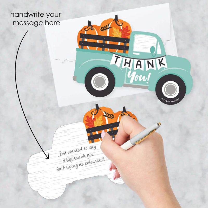 Happy Fall Truck - Shaped Thank You Cards - Harvest Pumpkin Party Thank You Note Cards with Envelopes - Set of 12