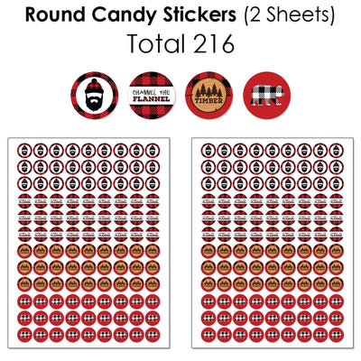 Lumberjack - Channel The Flannel - Mini Candy Bar Wrappers, Round Candy Stickers and Circle Stickers - Buffalo Plaid Party Candy Favor Sticker Kit - 304 Pieces