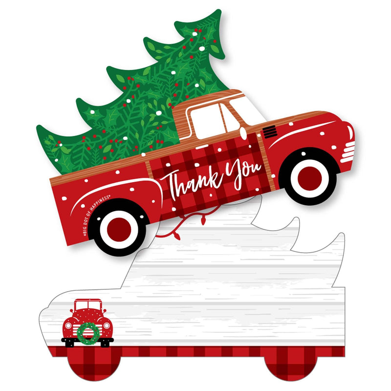 Merry Little Christmas Tree - Shaped Thank You Cards - Red Truck Christmas Party Thank You Note Cards with Envelopes - Set of 12