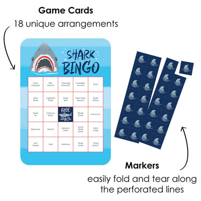 Shark Zone - Bingo Cards and Markers - Jawsome Shark Party or Birthday Party Bingo Game - Set of 18