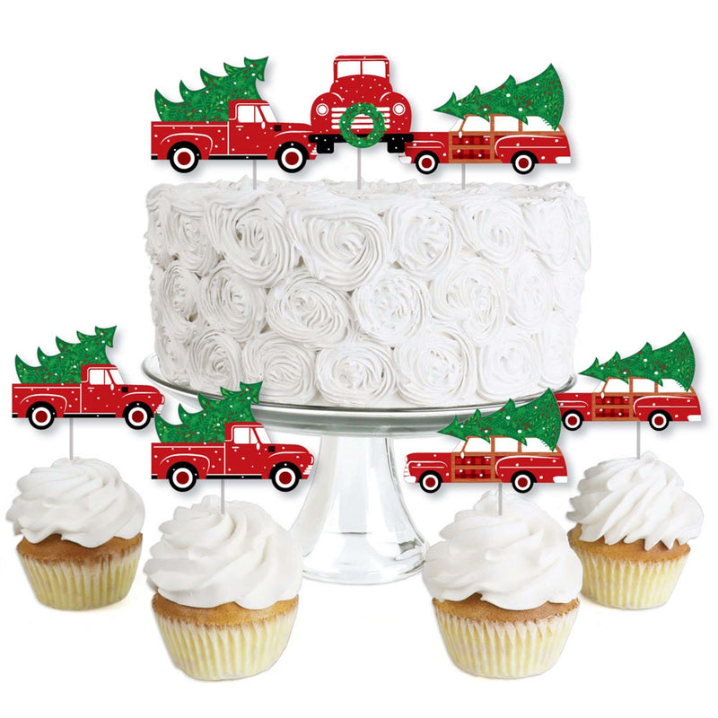 Merry Little Christmas Tree - Dessert Cupcake Toppers - Red Truck and Car Christmas Party Clear Treat Picks - Set of 24