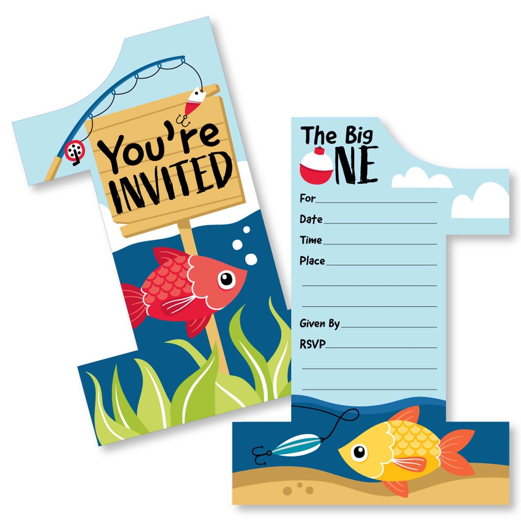 1st Birthday Reeling in the Big One - Shaped Fill-In Invitations