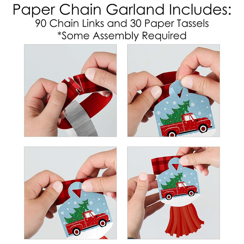 Merry Little Christmas Tree - 90 Chain Links and 30 Paper Tassels Decoration Kit - Red Truck and Car Christmas Party Paper Chains Garland - 21 feet