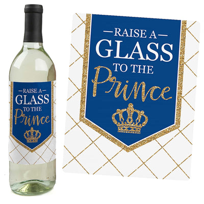 Royal Prince Charming - Prince Baby Shower or Birthday Party Decorations for Women and Men - Wine Bottle Label Stickers - Set of 4