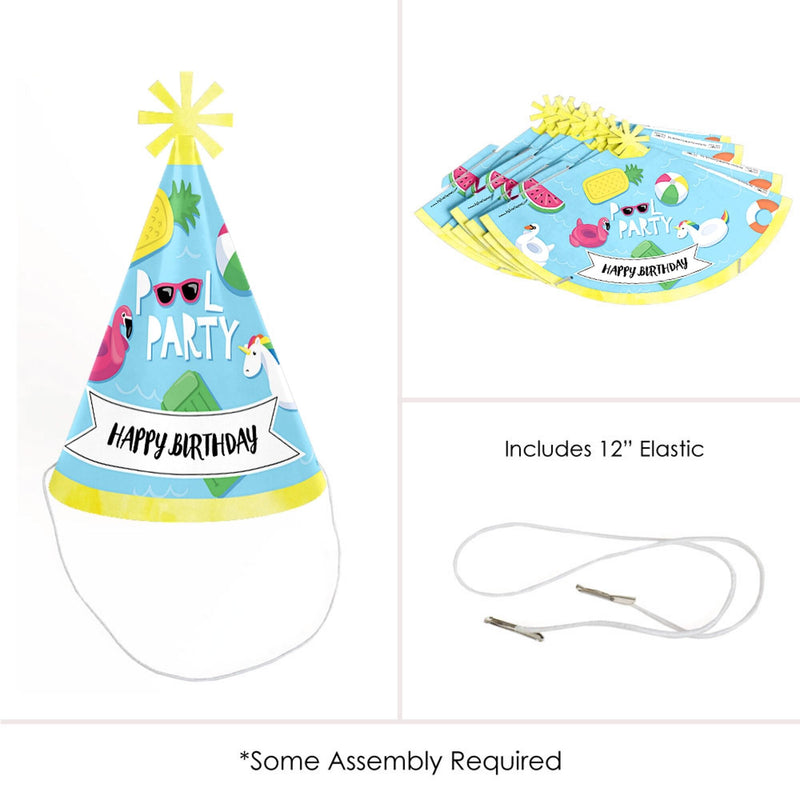 Make a Splash - Pool Party - Cone Happy Birthday Party Hats for Kids and Adults - Set of 8 (Standard Size)