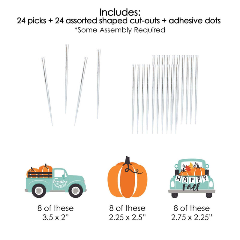 Happy Fall Truck - Dessert Cupcake Toppers - Harvest Pumpkin Party Clear Treat Picks - Set of 24