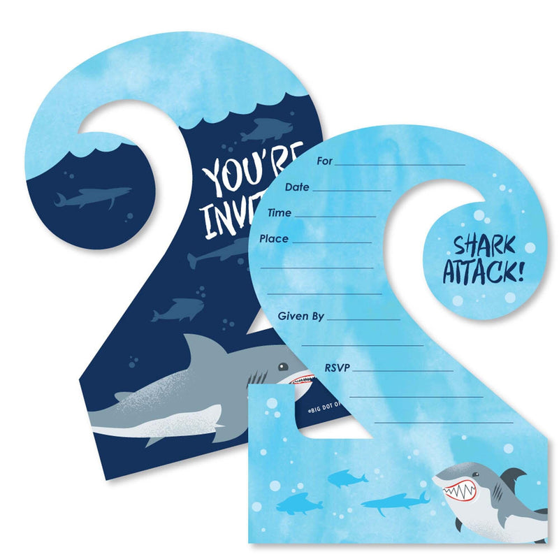 2nd Birthday Shark Zone - Shaped Fill-In Invitations - Jawsome Shark Second Birthday Party Invitation Cards with Envelopes - Set of 12