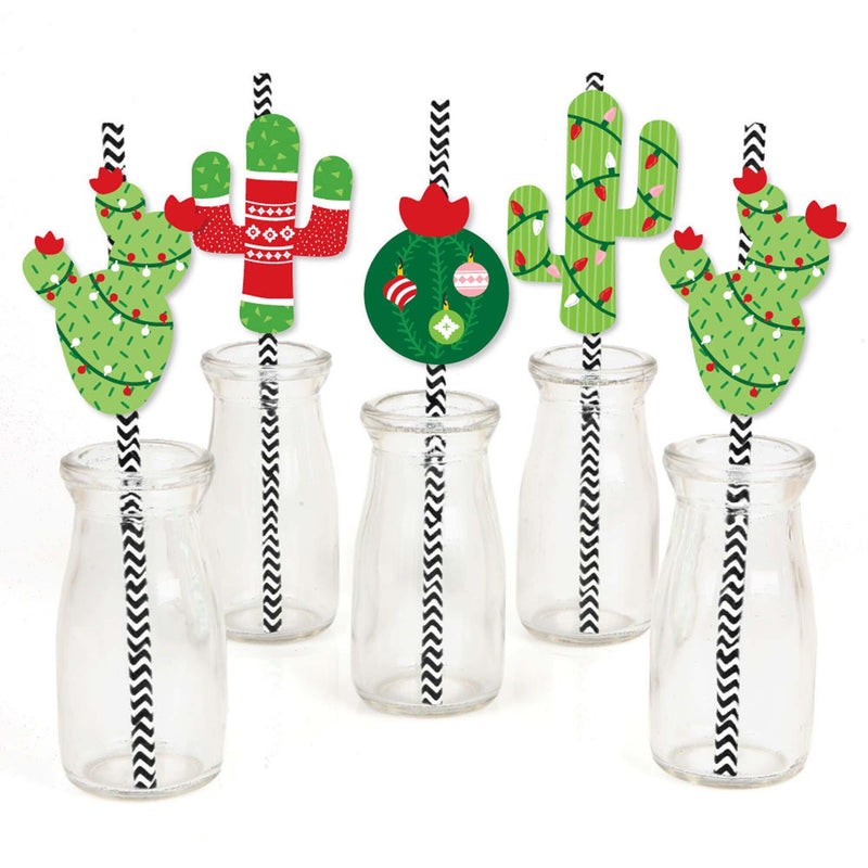 Merry Cactus - Paper Straw Decor - Christmas Cactus Party Striped Decorative Straws - Set of 24