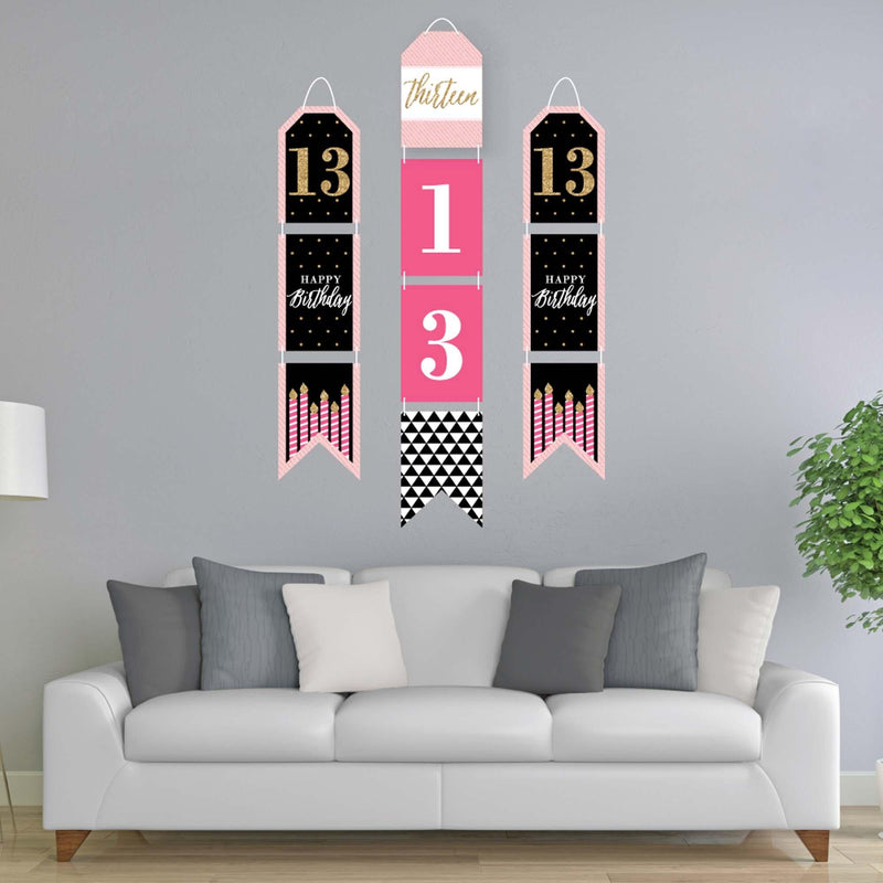 Chic 13th Birthday - Pink, Black and Gold - Hanging Vertical Paper Door Banners - Birthday Party Wall Decoration Kit - Indoor Door Decor