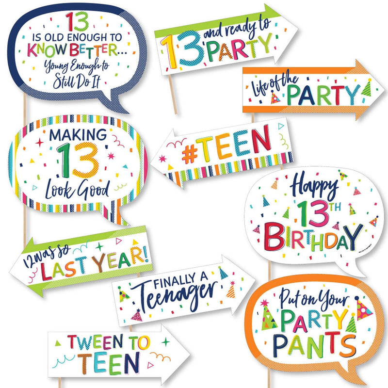 Funny 13th Birthday - Cheerful Happy Birthday - 10 Piece Colorful Thirteenth Birthday Party Photo Booth Props Kit