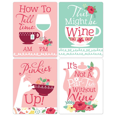 Floral Let's Par-Tea - Garden Tea Party Decorations for Women and Men - Wine Bottle Label Stickers - Set of 4