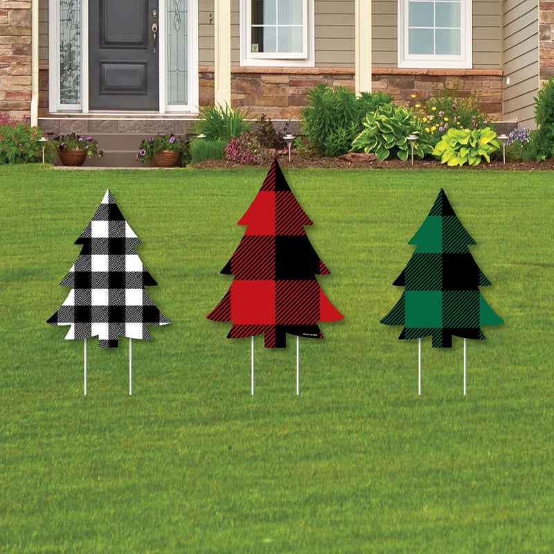 Holiday Plaid Trees - Outdoor Lawn Sign Decorations with Stakes - Buffalo Plaid Christmas Party Yard Display - 3 Piece