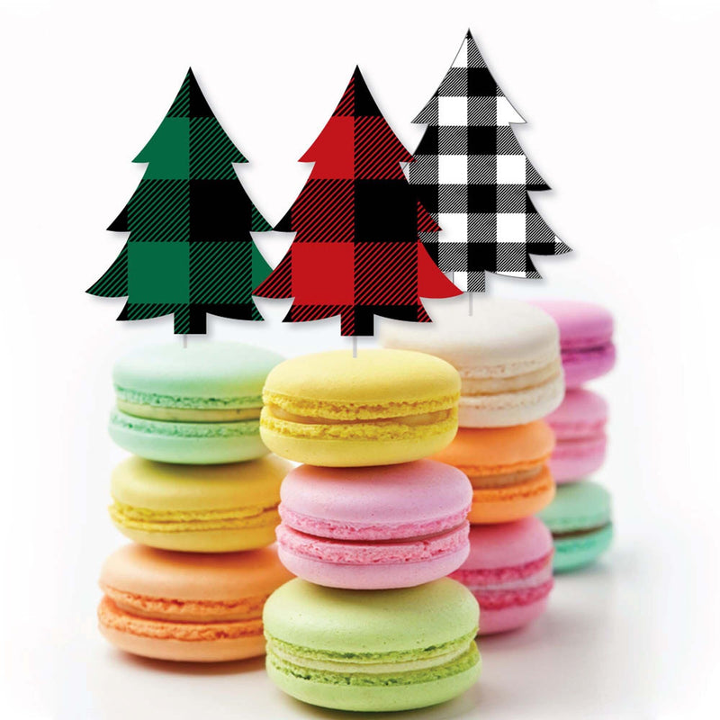 Holiday Plaid Trees - Dessert Cupcake Toppers - Buffalo Plaid Christmas Party Clear Treat Picks - Set of 24