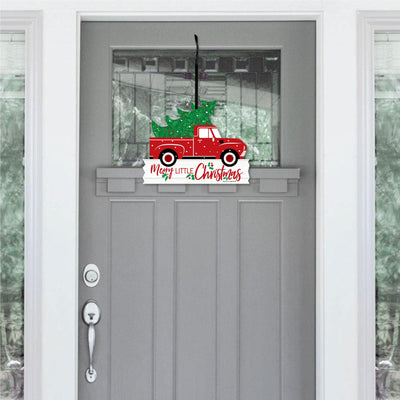 Merry Little Christmas Tree - Hanging Porch Red Truck Christmas Party Outdoor Decorations - Front Door Decor - 1 Piece Sign