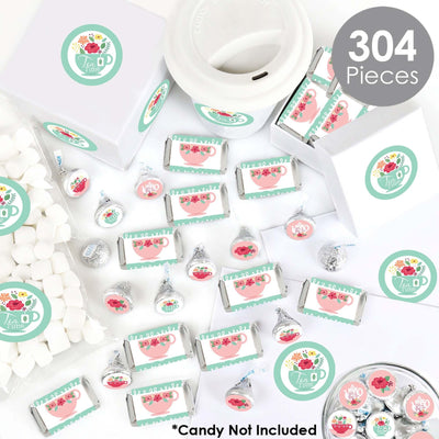 Floral Let's Par-Tea - Mini Candy Bar Wrappers, Round Candy Stickers and Circle Stickers - Garden Tea Party Candy Favor Sticker Kit - 304 Pieces