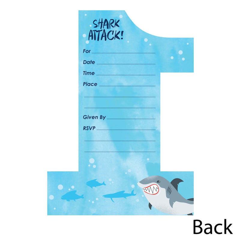 1st Birthday Shark Zone - Shaped Fill-In Invitations - Jawsome Shark First Birthday Party Invitation Cards with Envelopes - Set of 12