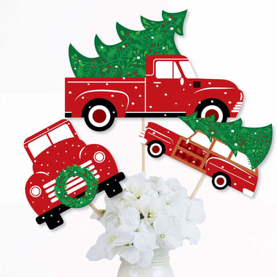 Merry Little Christmas Tree - Red Truck and Car Christmas Party Centerpiece Sticks - Table Toppers - Set of 15