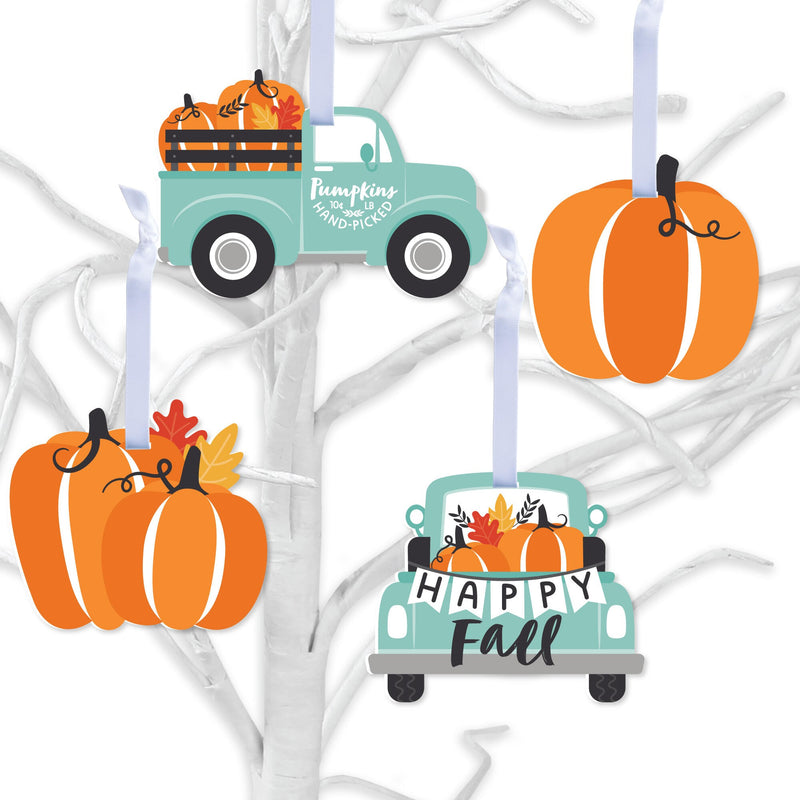 Happy Fall Truck - Harvest Pumpkin Decorations - Tree Ornaments - Set of 12