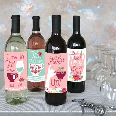 Floral Let's Par-Tea - Garden Tea Party Decorations for Women and Men - Wine Bottle Label Stickers - Set of 4