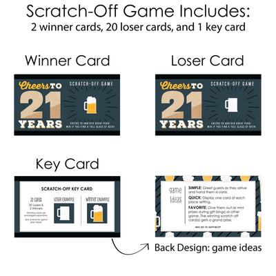 Cheers and Beers to 21 Years - 21st Birthday Party Game Scratch Off Cards - 22 Count