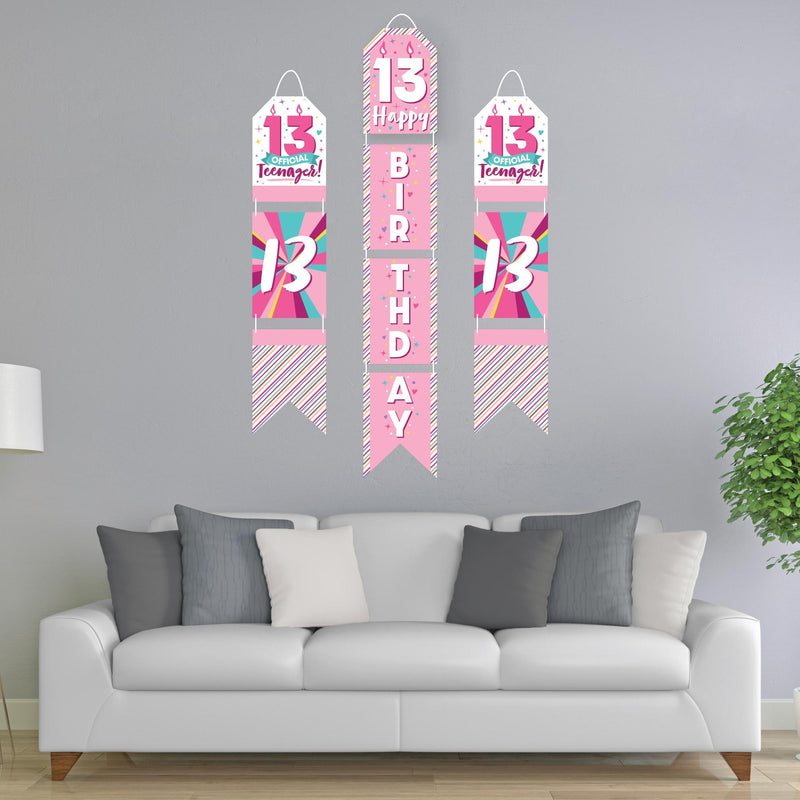 Girl 13th Birthday - Hanging Vertical Paper Door Banners - Official Teenager Birthday Party Wall Decoration Kit - Indoor Door Decor