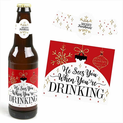 Red and Gold Friendsmas - Decorations for Women and Men - 6 Friends Christmas Party Beer Bottle Label Stickers and 1 Carrier