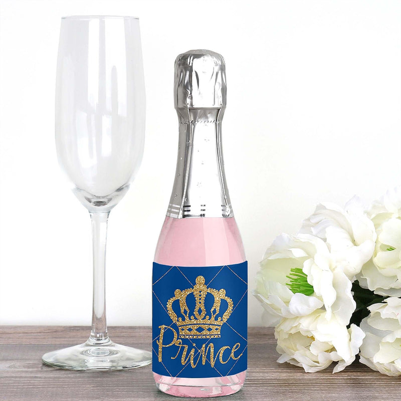 Royal Prince Charming - Mini Wine and Champagne Bottle Label Stickers - Baby Shower or Birthday Party Favor Gift for Women and Men - Set of 16