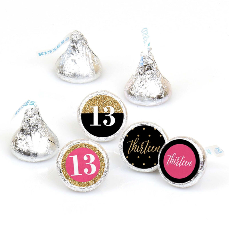 Chic 13th Birthday - Pink, Black and Gold - Round Candy Labels Birthday Party Favors - Fits Hershey&