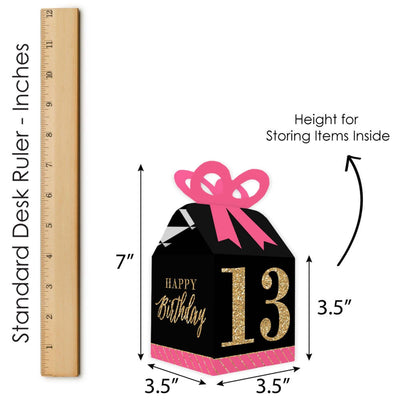 Chic 13th Birthday - Pink, Black and Gold - Square Favor Gift Boxes - Birthday Party Bow Boxes - Set of 12