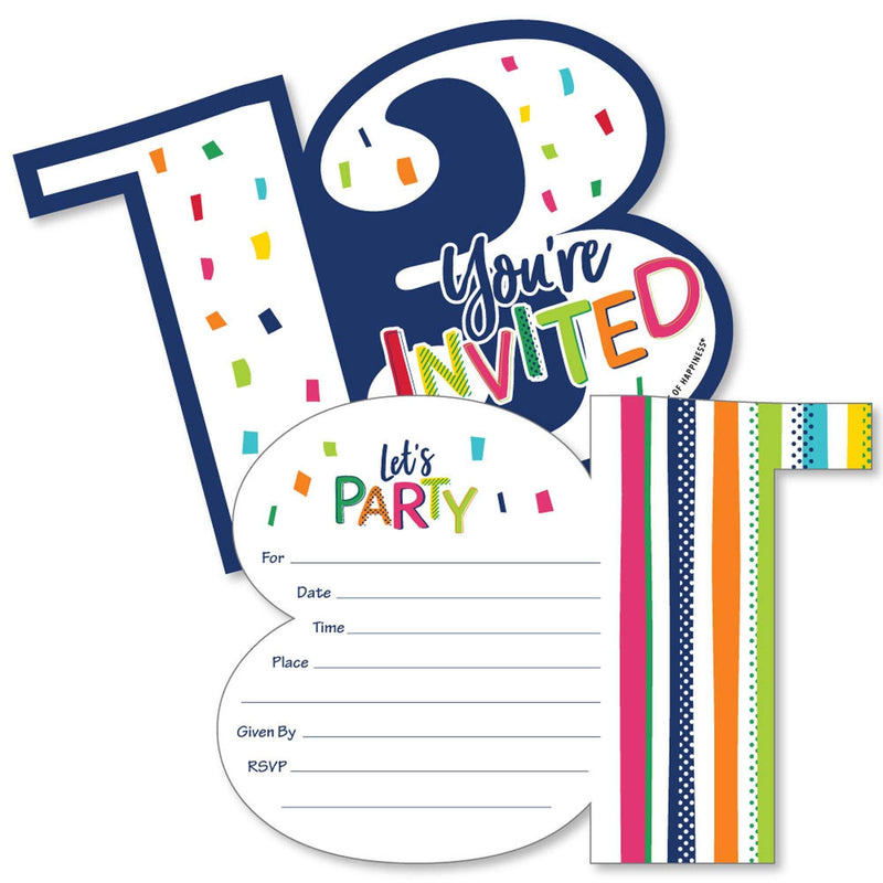 13th Birthday - Cheerful Happy Birthday - Shaped Fill-In Invitations - Colorful Thirteenth Birthday Party Invitation Cards with Envelopes - Set of 12