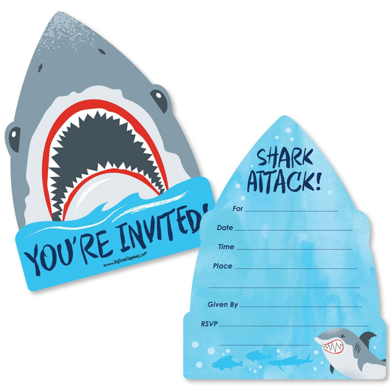 Shark Zone - Shaped Fill-In Invitations - Jawsome Shark Party or Birthday Party Invitation Cards with Envelopes - Set of 12