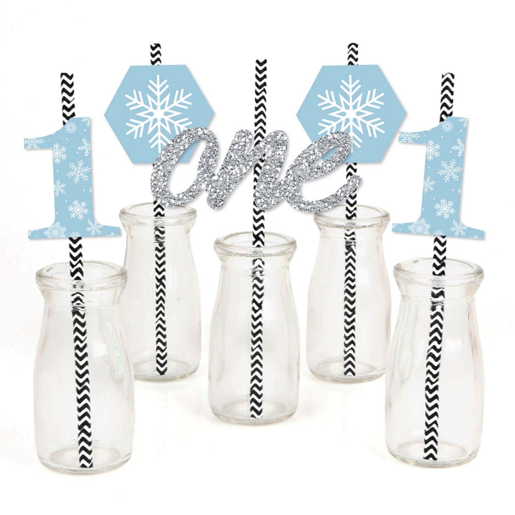 ONEderland - Paper Straw Decor - Holiday Snowflake Winter Wonderland  Birthday Party Striped Decorative Straws - Set of 24