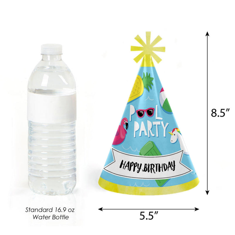 Make a Splash - Pool Party - Cone Happy Birthday Party Hats for Kids and Adults - Set of 8 (Standard Size)