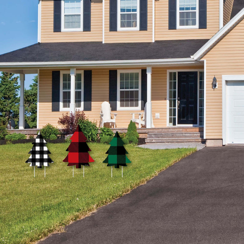 Holiday Plaid Trees - Outdoor Lawn Sign Decorations with Stakes - Buffalo Plaid Christmas Party Yard Display - 3 Piece